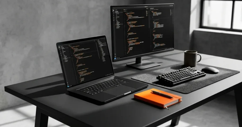 Interactive full-stack web development interface displaying clean code, responsive web layout mockups, and performance benchmarks by KloudBased in Philippines
